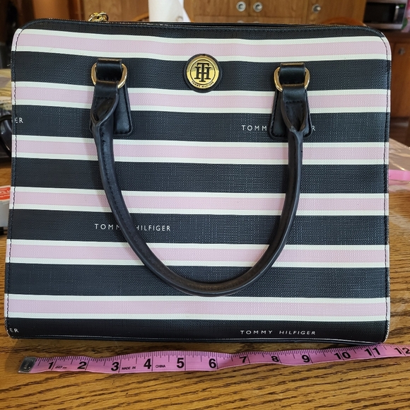 Tommy Hilfiger Black and Pink Striped Satchel - Picture 1 of 8